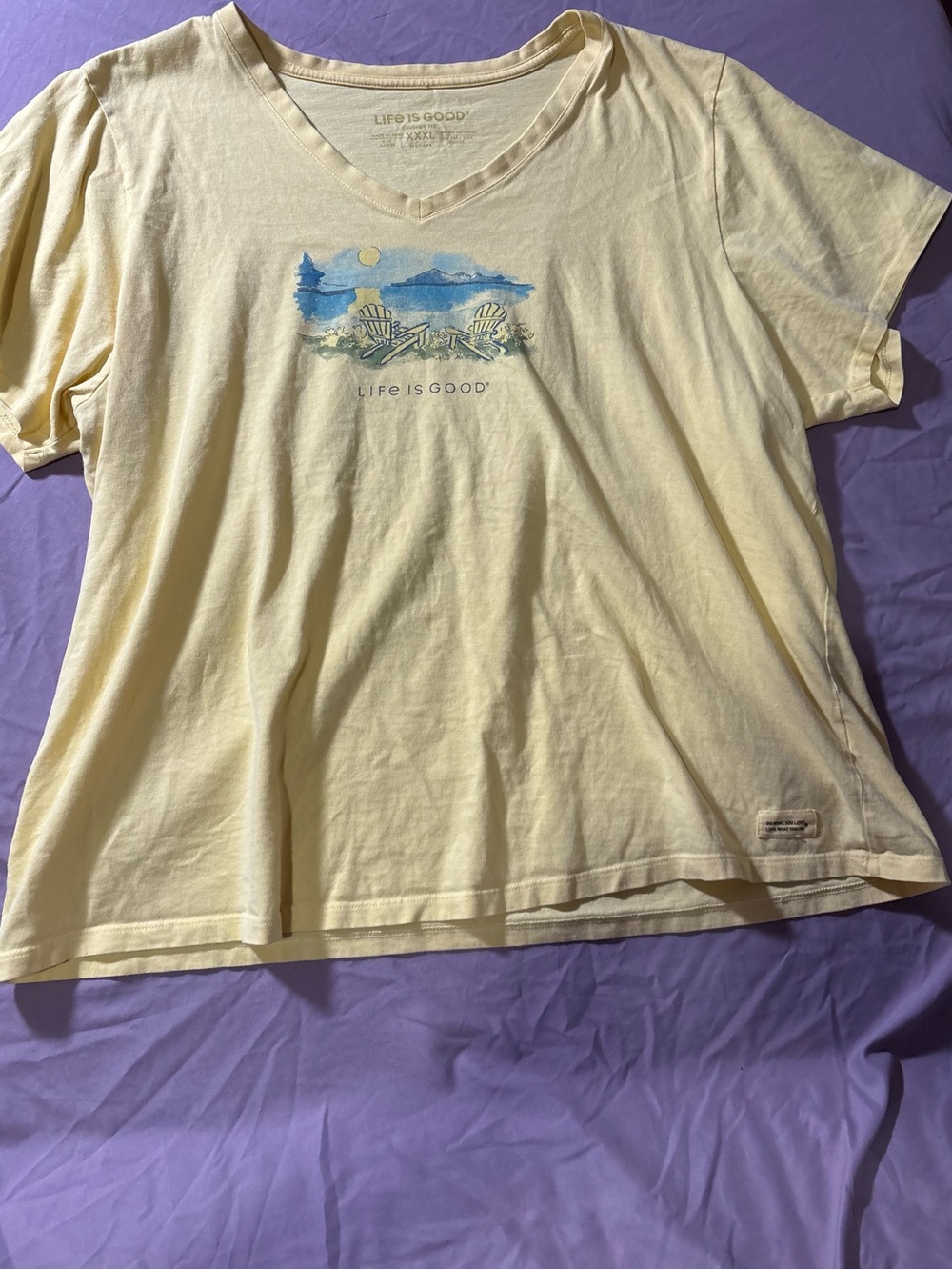 Life Is Good Pale Yellow V-Neck Tee with Beach Graphic